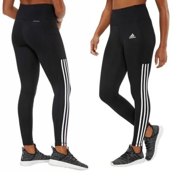 Adidas - 3 Stripe 7/8 Running Tights Leggings ED6990 | Black & White | Small - Picture 1 of 11
